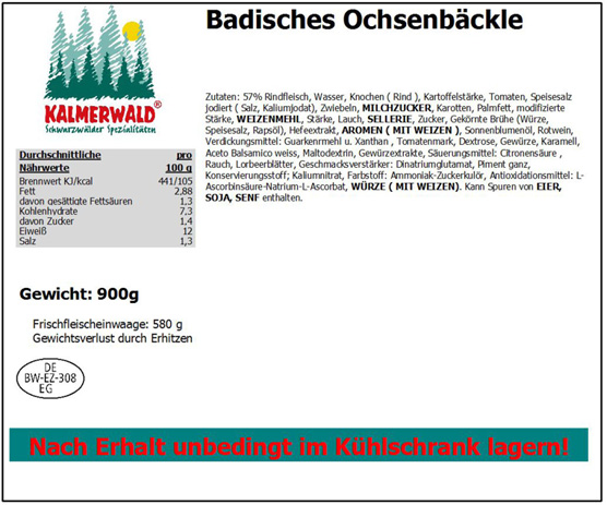 Badisches Ochsenbäckle - Produktspezifikationen